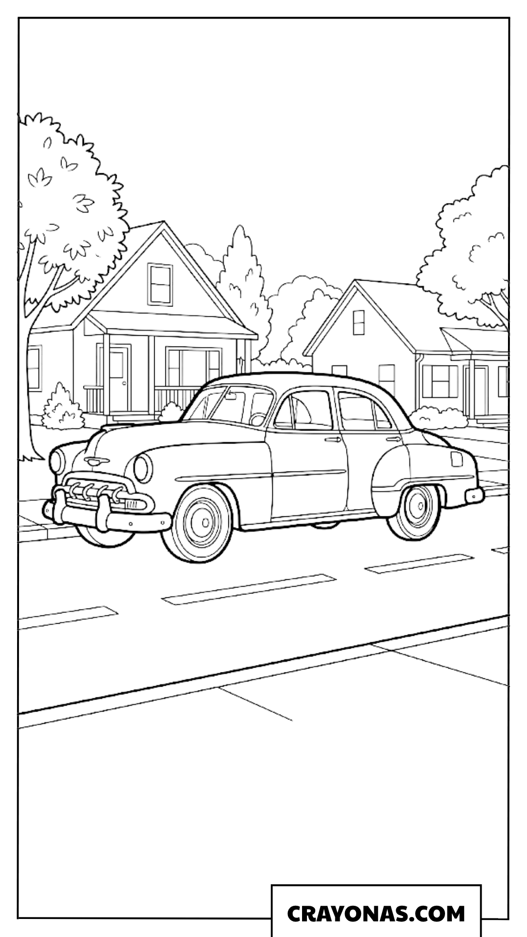Vintage Sedan Car Parked in Neighborhood Street Coloring Page