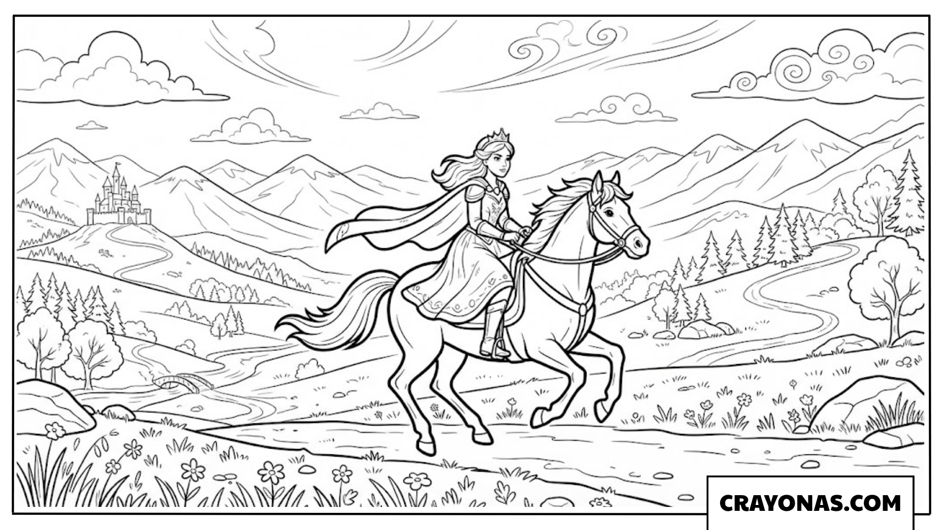Warrior Princess on Horseback Coloring Page