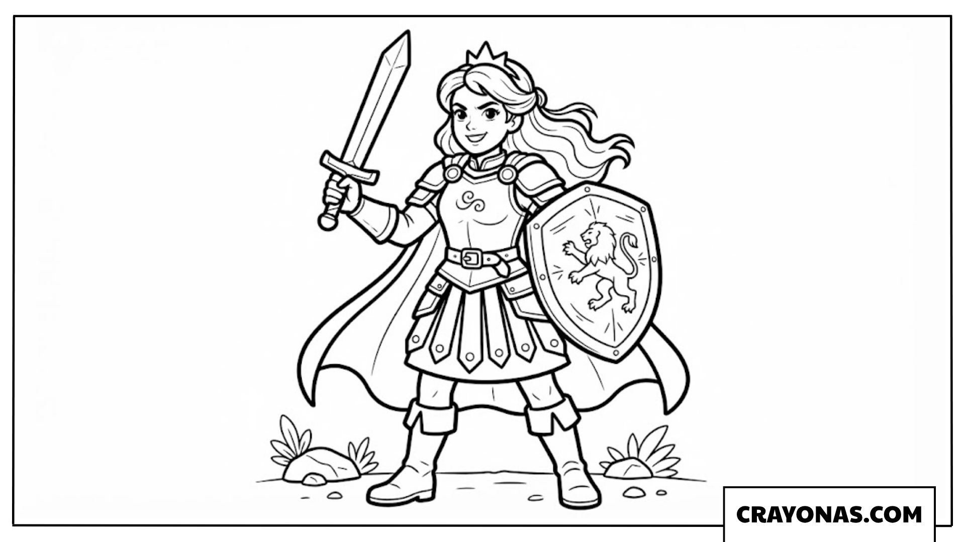 Warrior Princess with Sword and Shield Coloring Page
