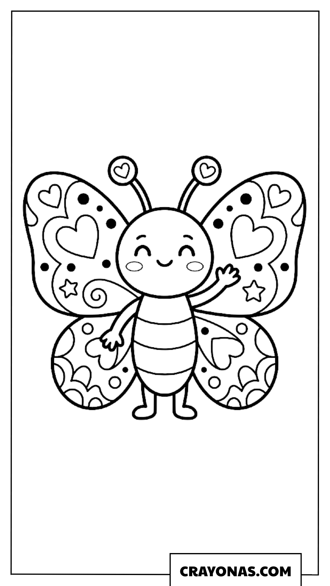 Waving Kawaii Butterfly with Heart Shaped Wings Coloring Page