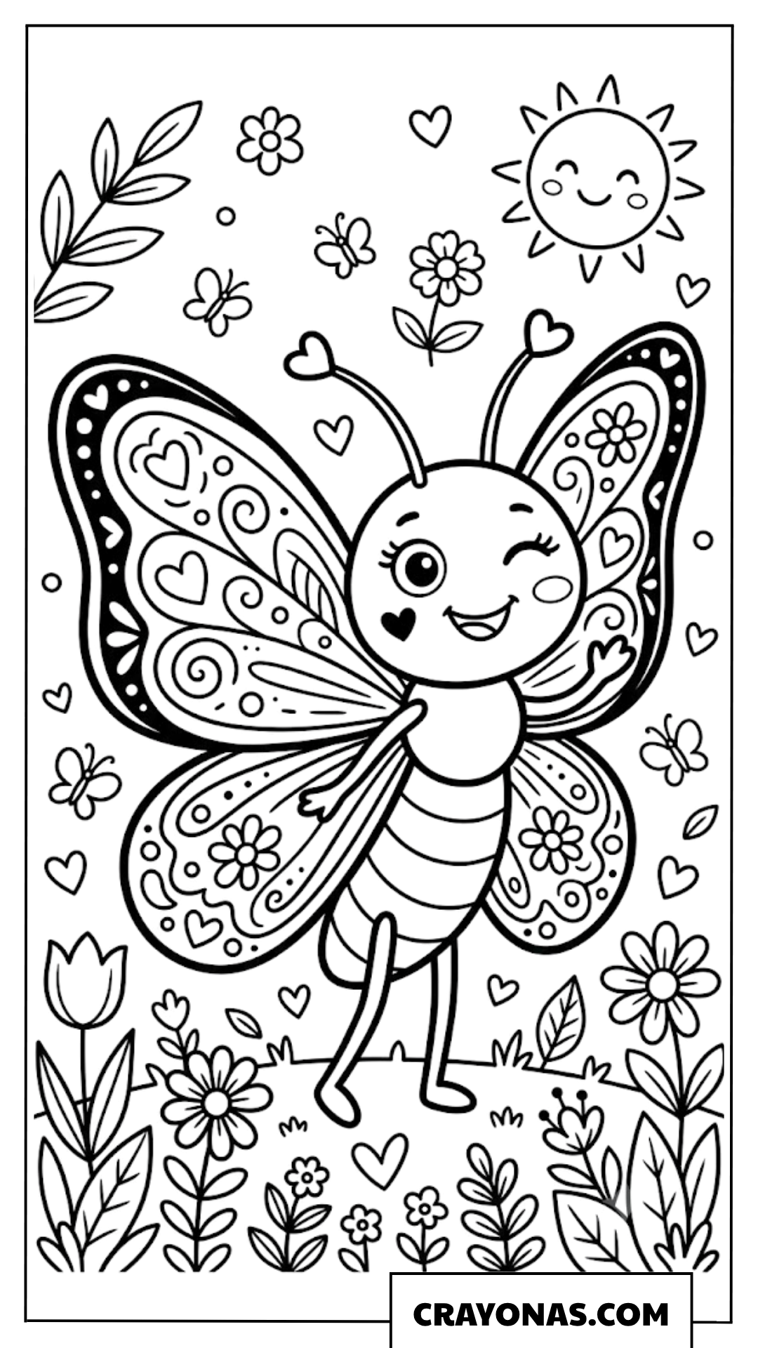 Winking Cartoon Butterfly in a Beautiful Sunny Garden Coloring Page