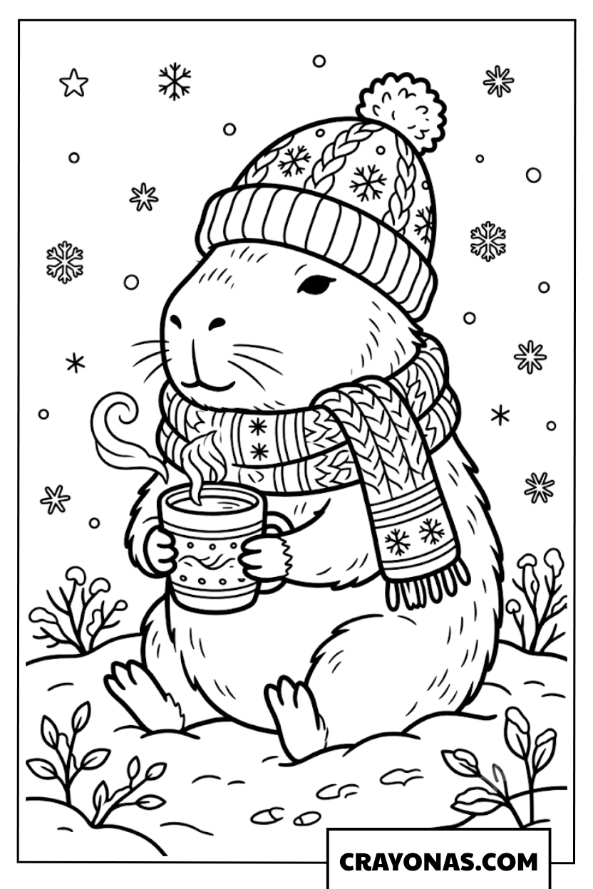 Winter Capybara in Snowy Weather with Warm Boba Coloring Page
