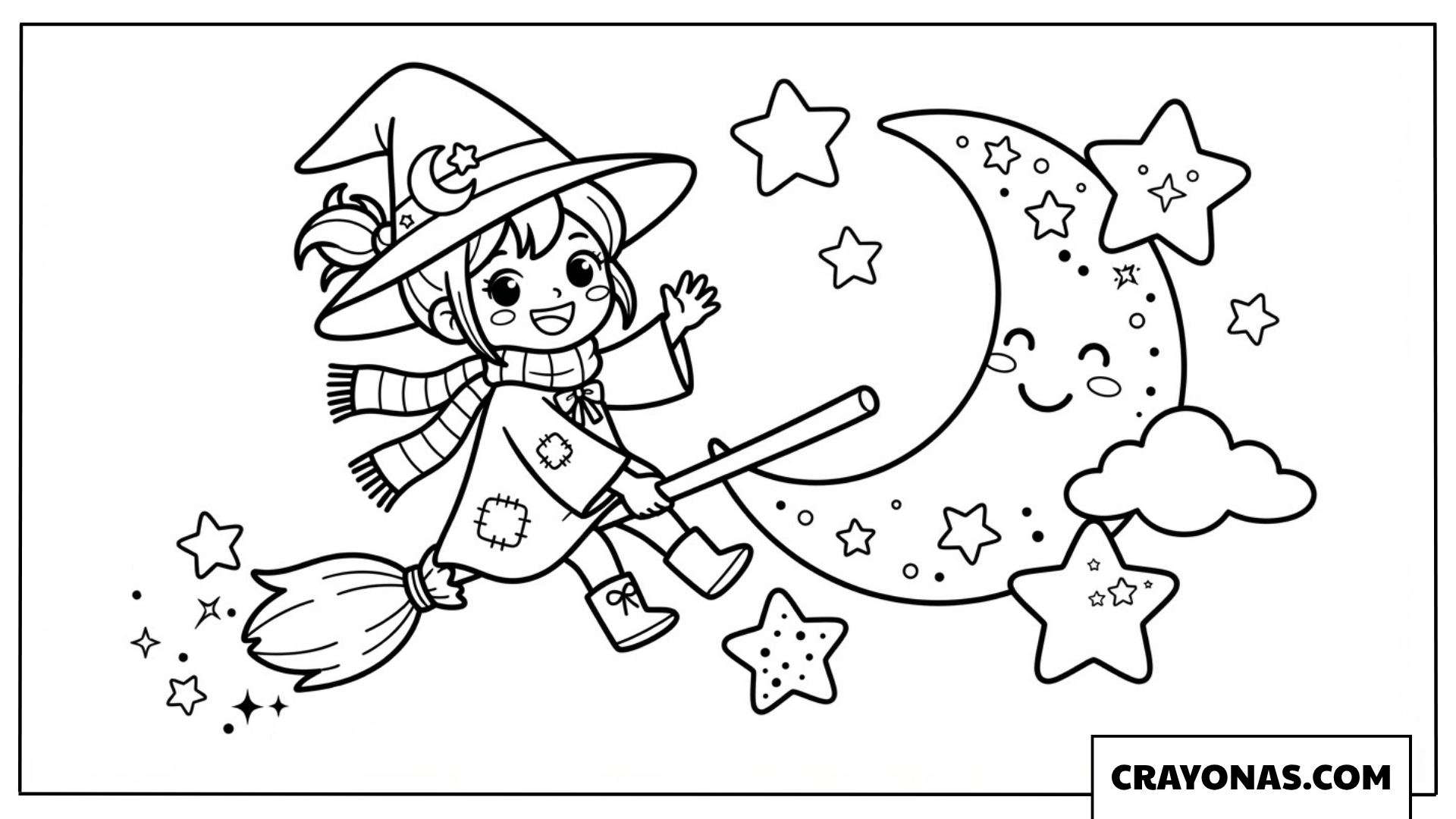 Witch Anime Girl on Broom Coloring Page