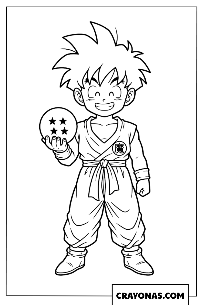 Young Kid Gohan Holding Four Star Dragon Ball Coloring Page