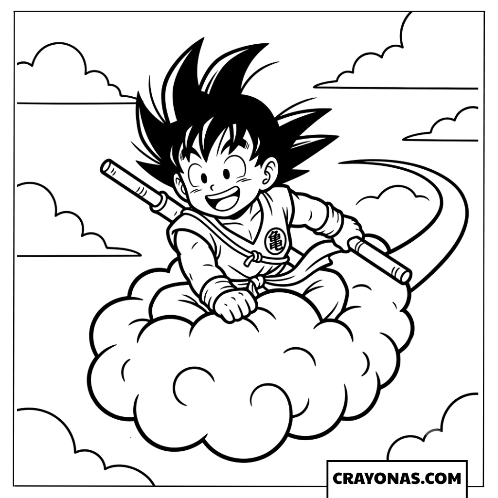 Young Kid Goku Flying on Flying Nimbus Coloring Page