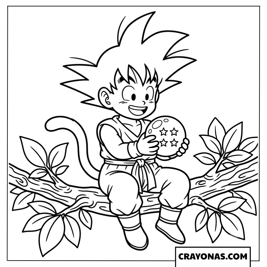 Young Kid Goku Holding Four Star Dragon Ball Coloring Page