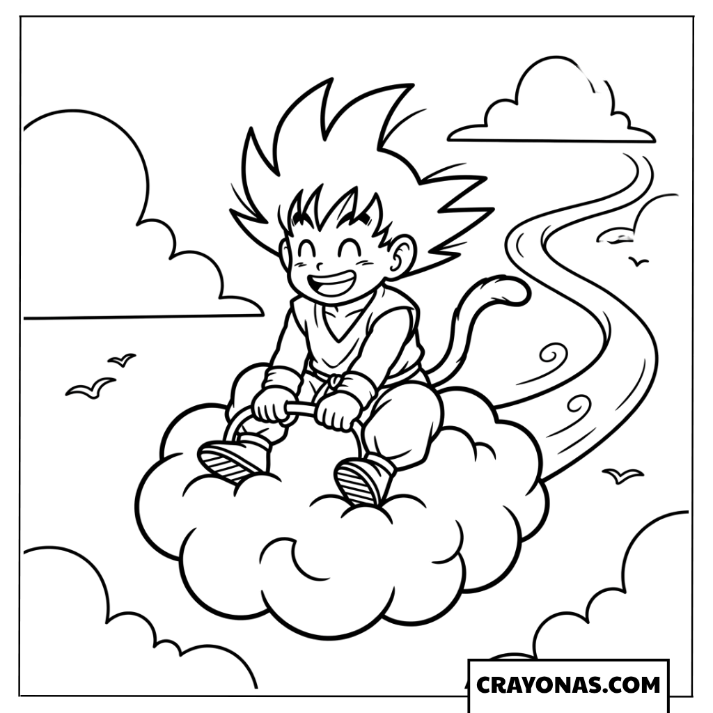 Young Kid Goku Riding Flying Nimbus Cloud Coloring Page