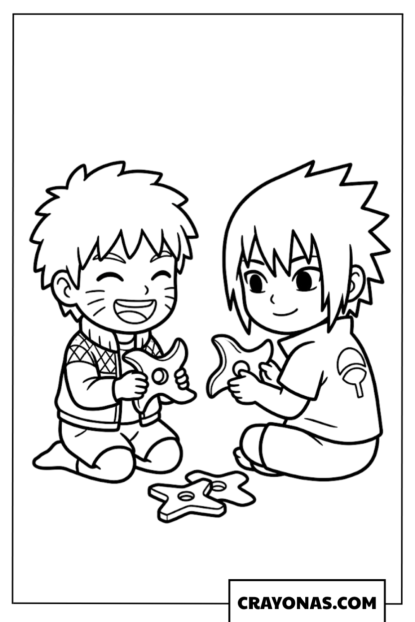 Young Naruto and Sasuke Playing with Shuriken Coloring Page