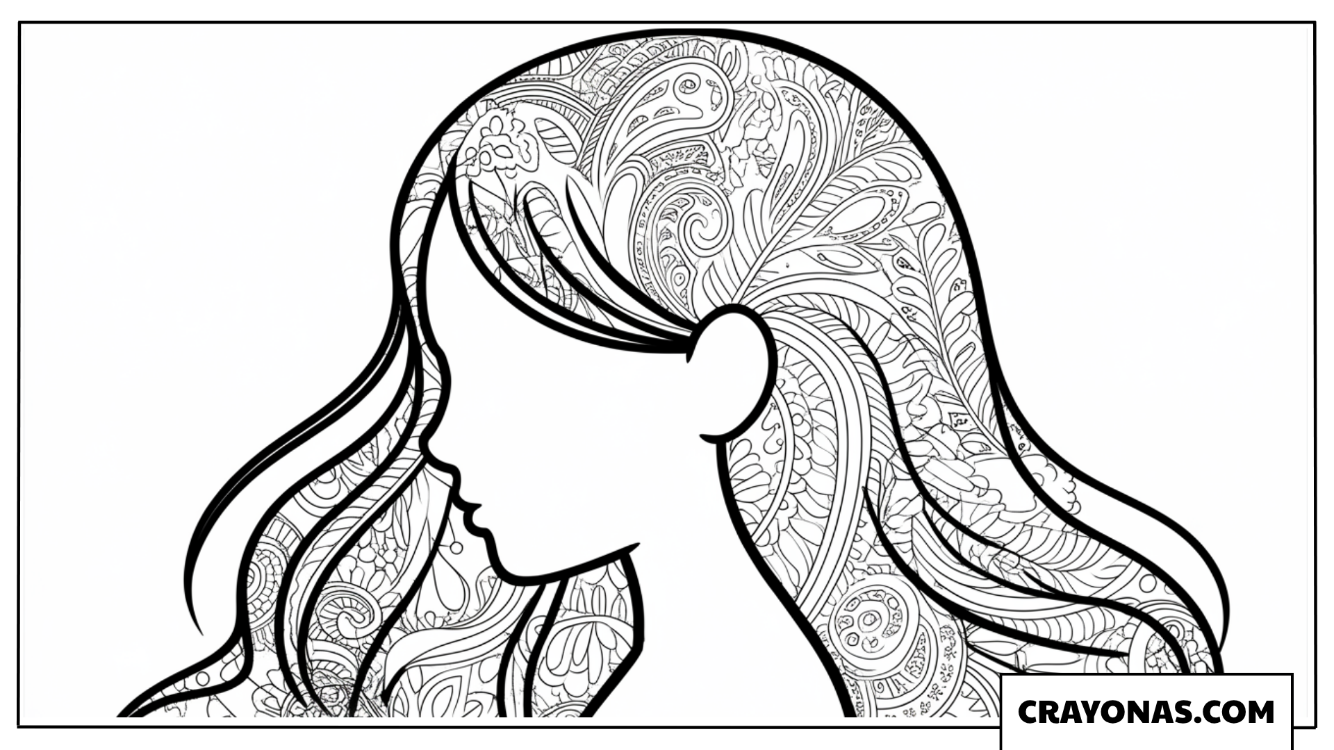 Zentangle Anime Girl with Intricate Long Hair Coloring Page