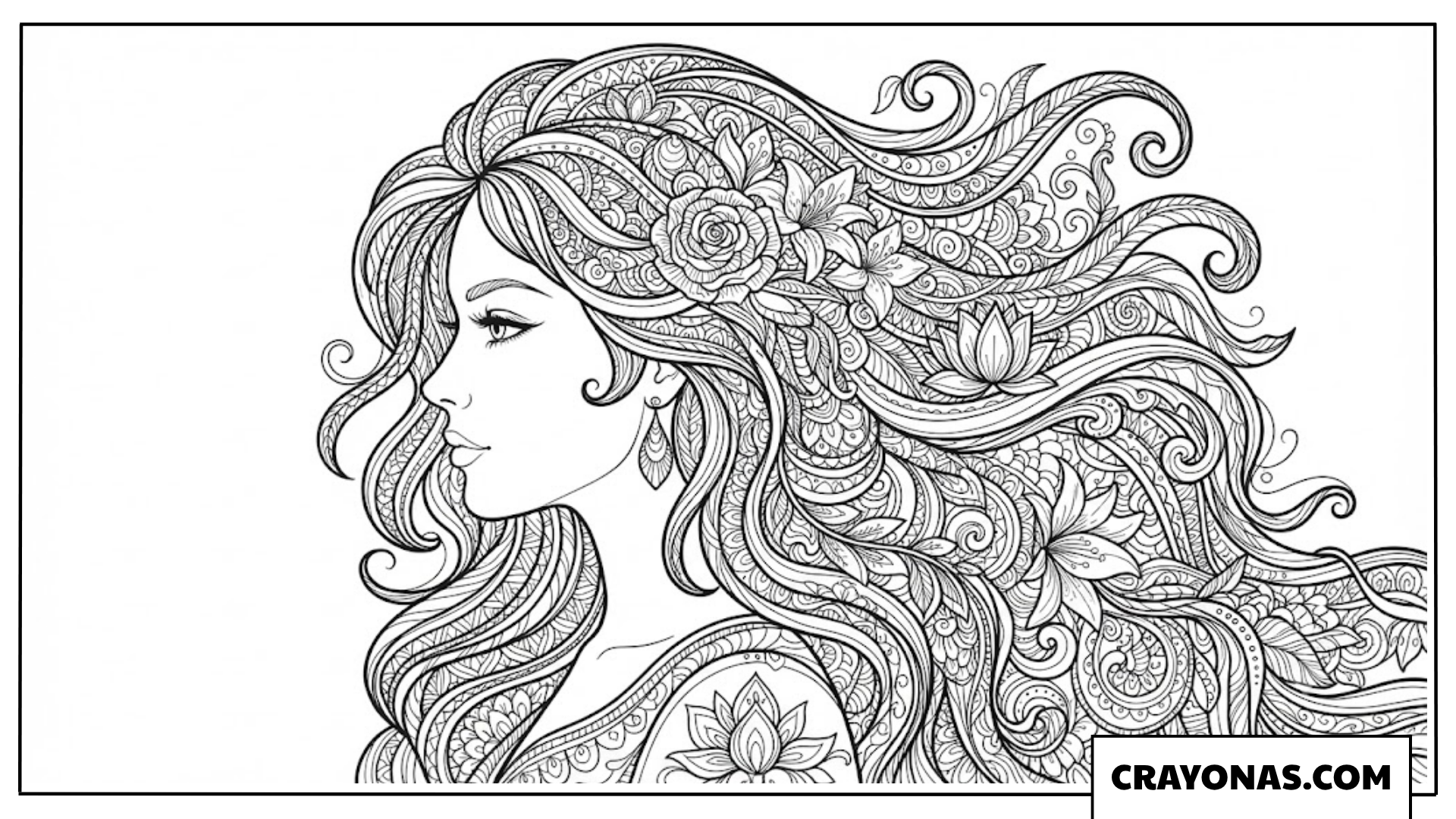 Zentangle Girl with Floral Long Hair Coloring Page