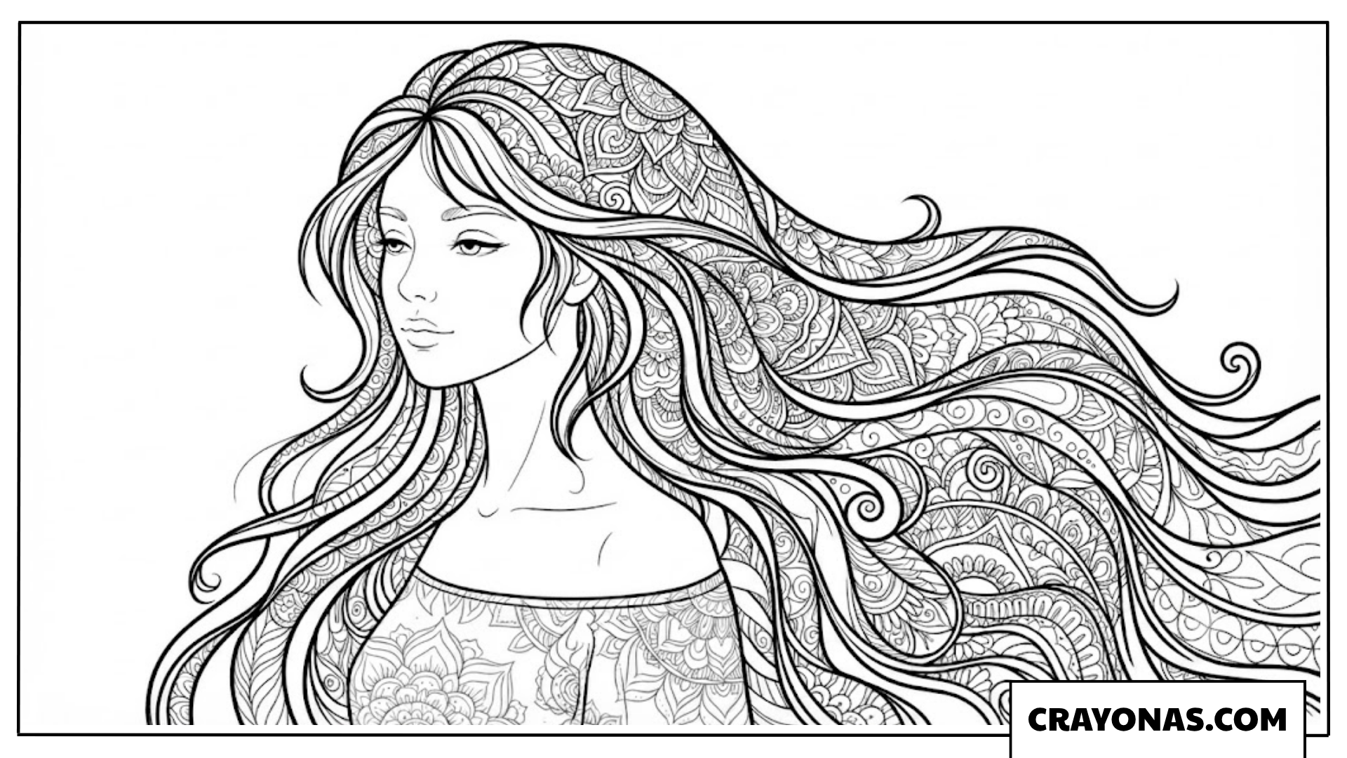 Zentangle Girl with Flowing Patterned Hair Coloring Page