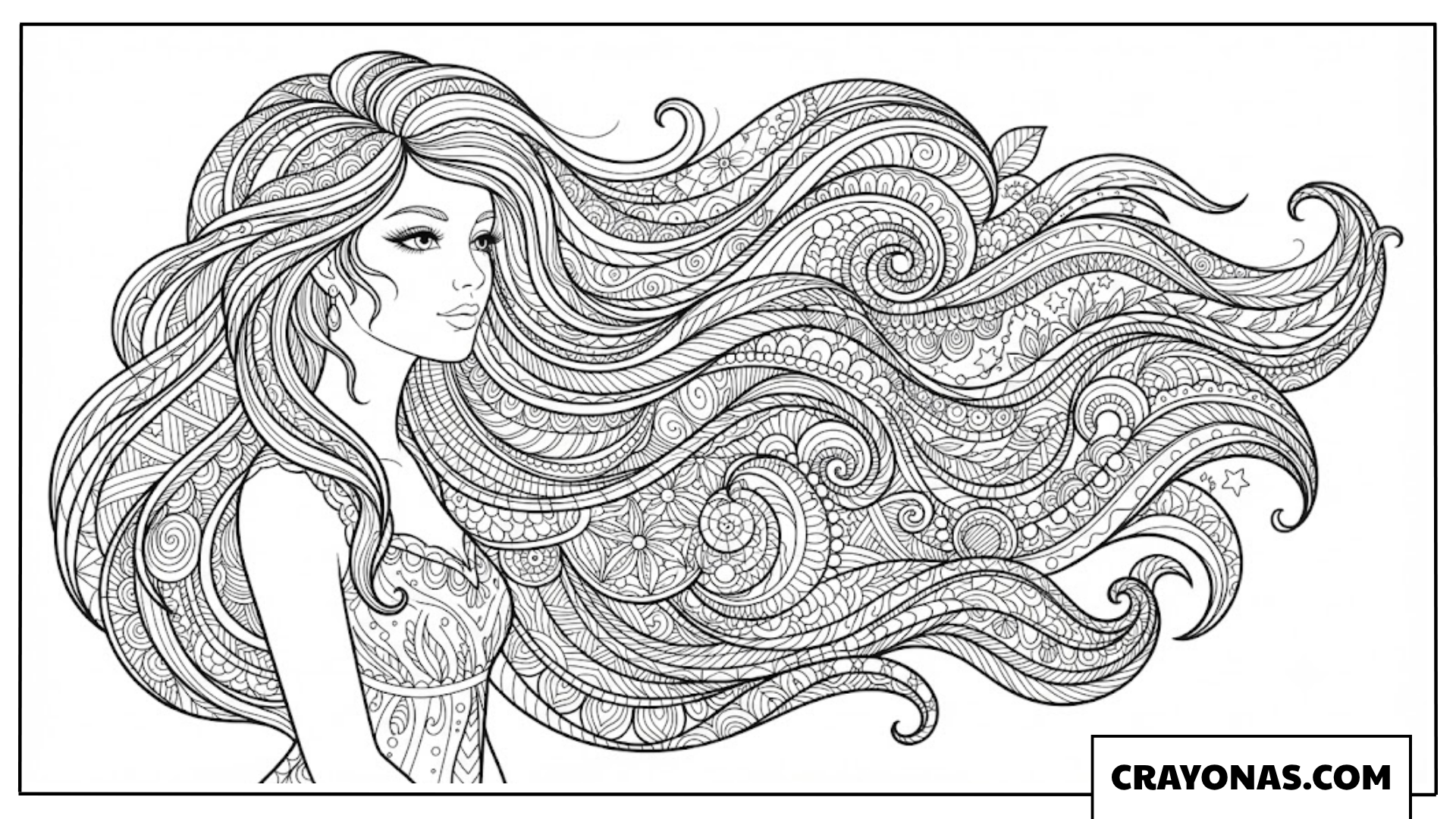 Zentangle Girl with Swirling Long Hair Coloring Page