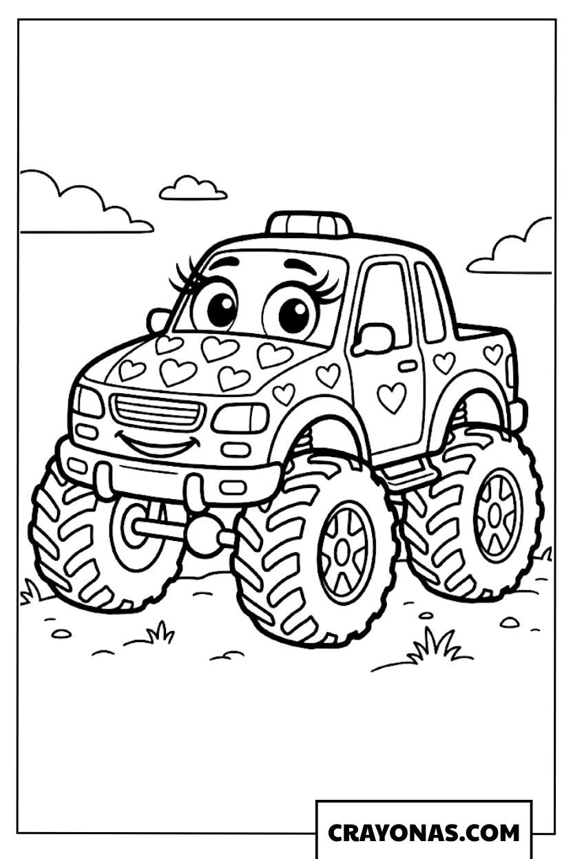 Adorable Hearts Patterned Girl Monster Truck Coloring Page