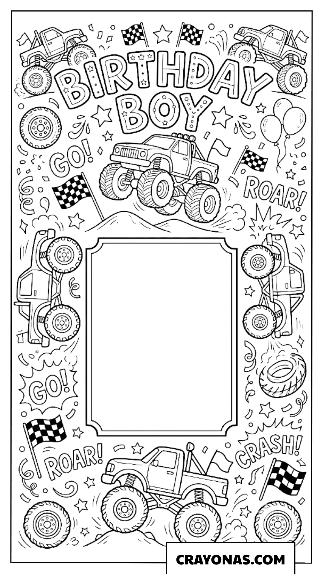Birthday Boy Monster Truck Border Frame Coloring Page