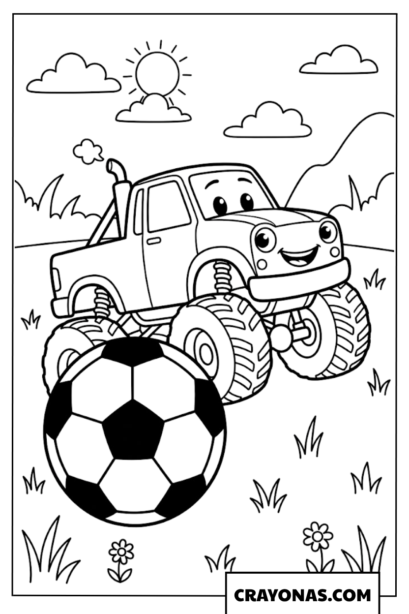Cartoon Monster Truck Playing Soccer Ball Coloring Page