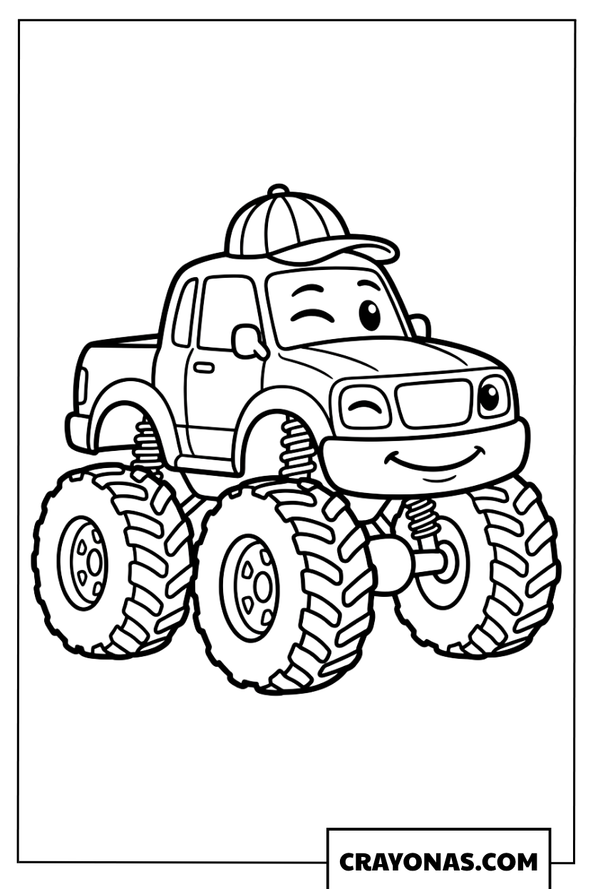 Cheerful Little Cartoon Pickup Monster Truck Coloring Page