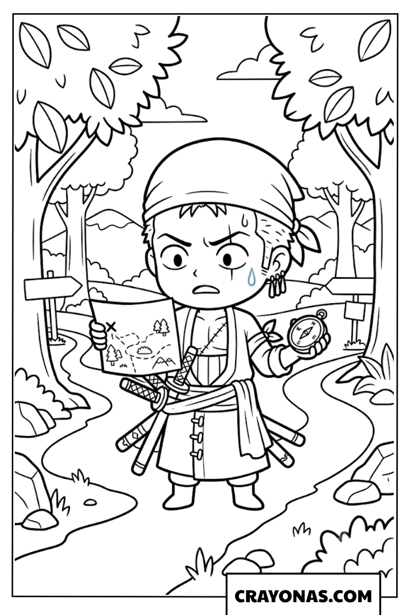 Chibi Zoro Getting Lost In Forest Map And Compass Coloring Page