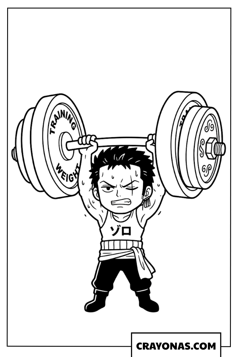 Chibi Zoro Lifting Heavy Barbell Training Coloring Page