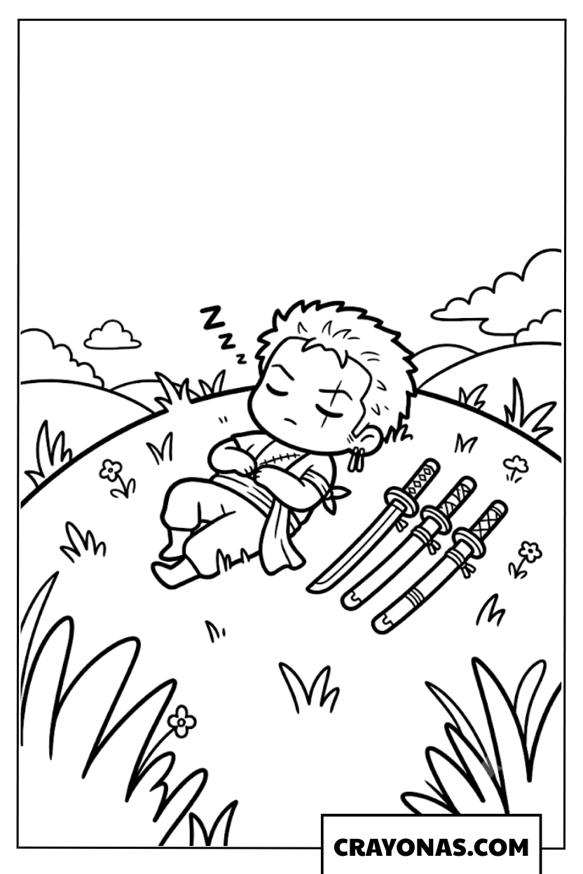Chibi Zoro Sleeping Peacefully On Grassy Hill Coloring Page