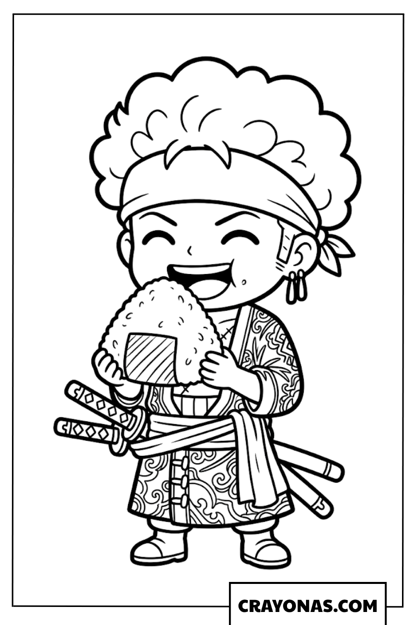 Cute Chibi Zoro Eating Big Onigiri Rice Ball Coloring Page