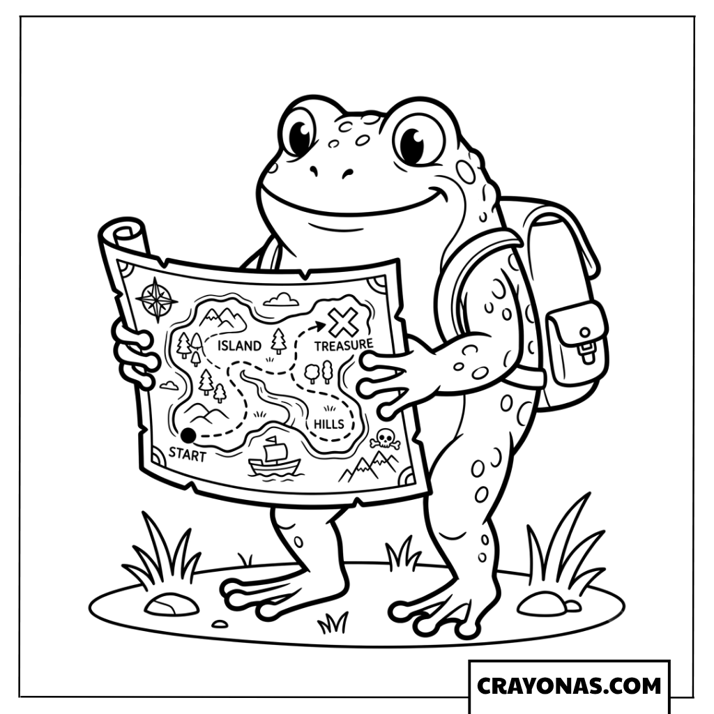 Cute Frog Adventurer Holding Island Treasure Map Coloring Page