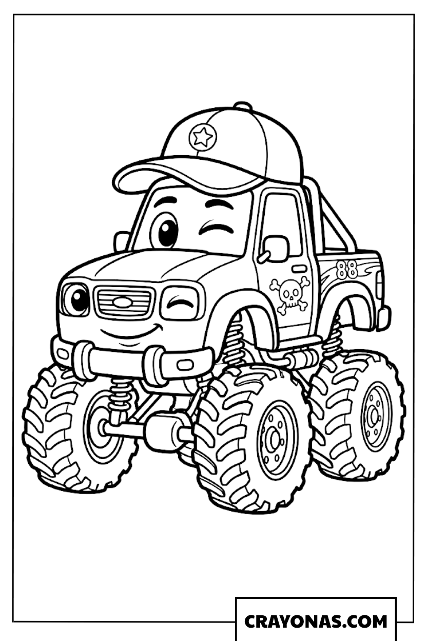 Cute Pirate Theme Cartoon Monster Truck Coloring Page