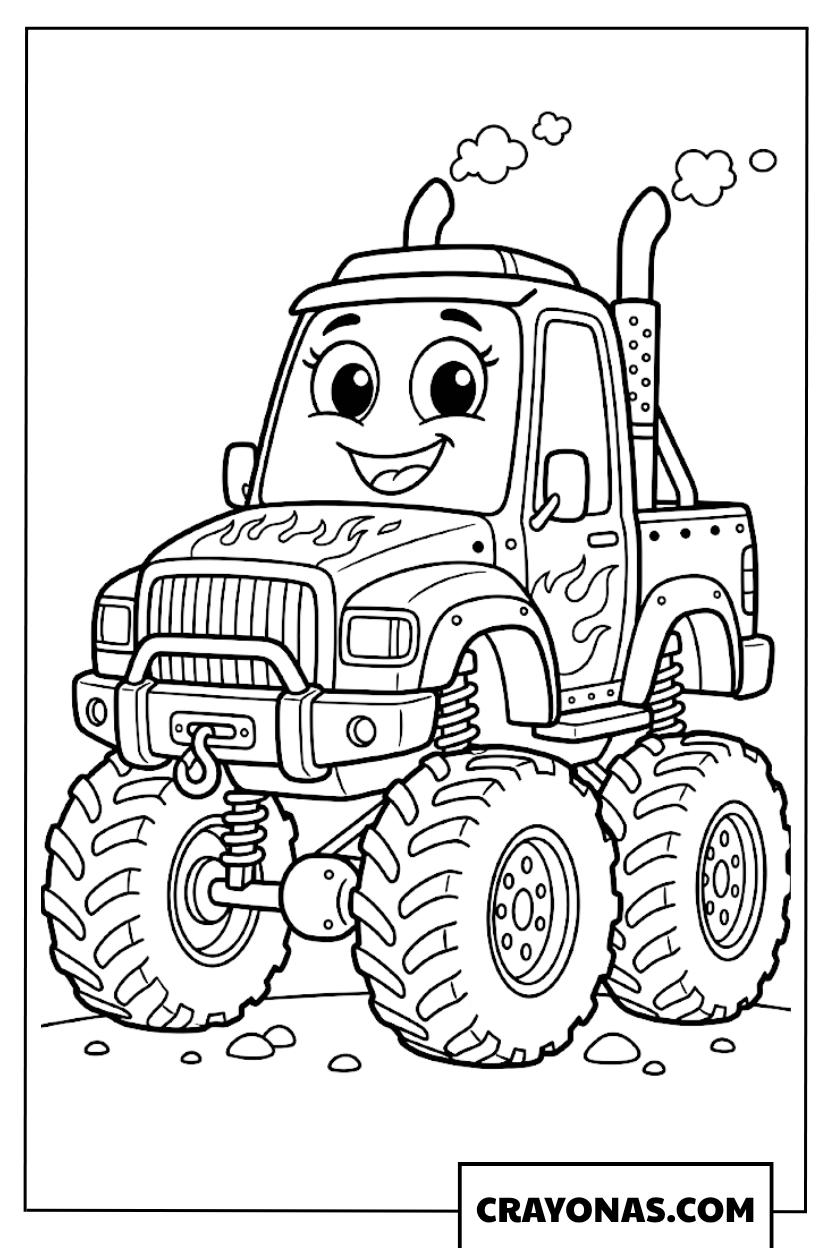 Cute Semi Truck Monster Vehicle Cartoon Coloring Page