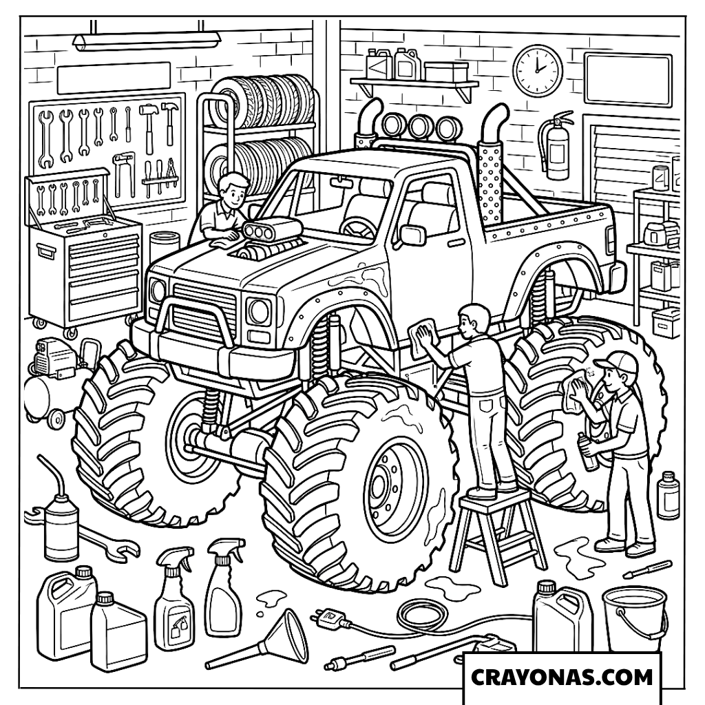 Detailed Auto Repair Garage Shop Monster Truck Coloring Page