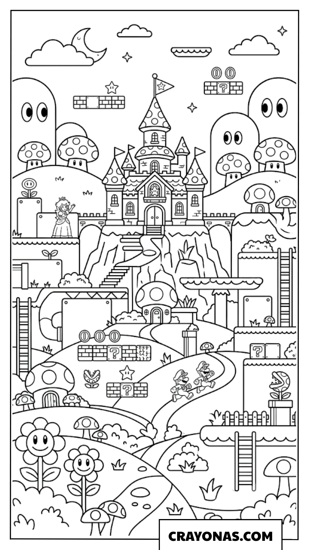 Detailed Mushroom Kingdom Castle Landscape Coloring Page