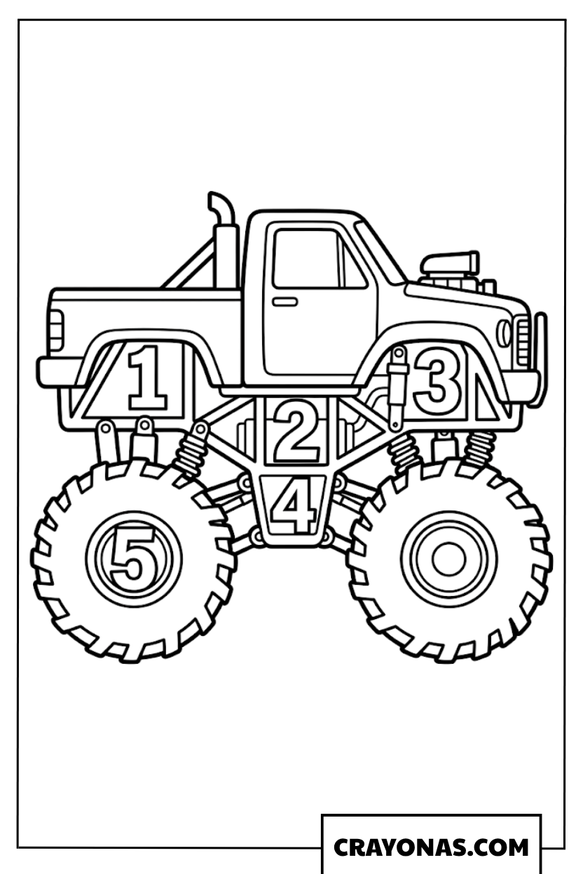Detailed Parts Color By Number Monster Truck Coloring Page
