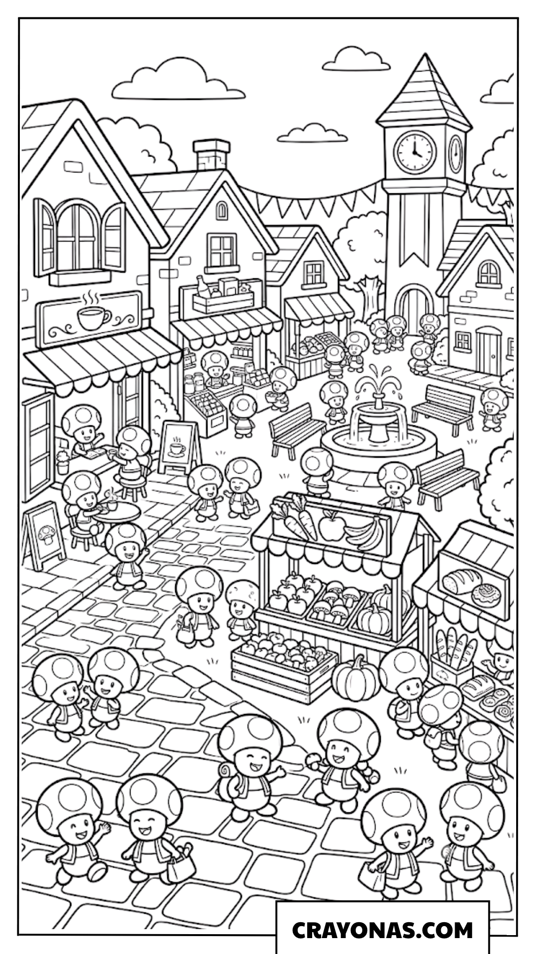 Detailed Toad Town Village Street Market Coloring Page