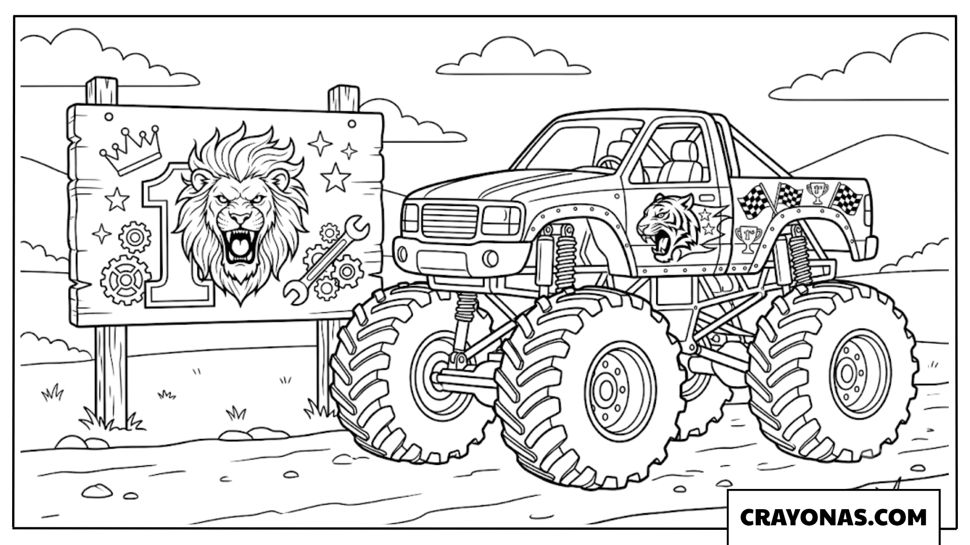 First Birthday Lion Billboard Monster Truck Coloring Page