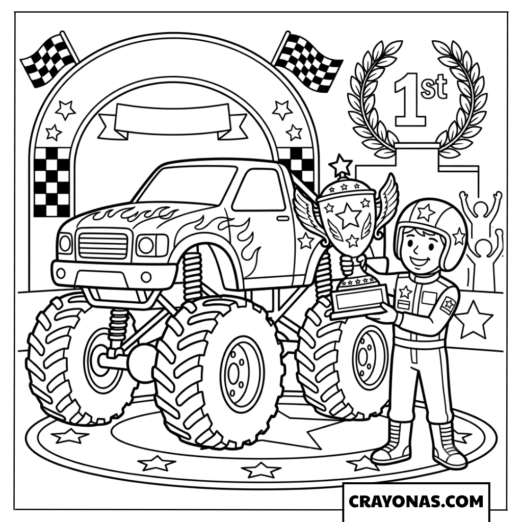 First Place Trophy Winner Monster Truck Driver Coloring Page