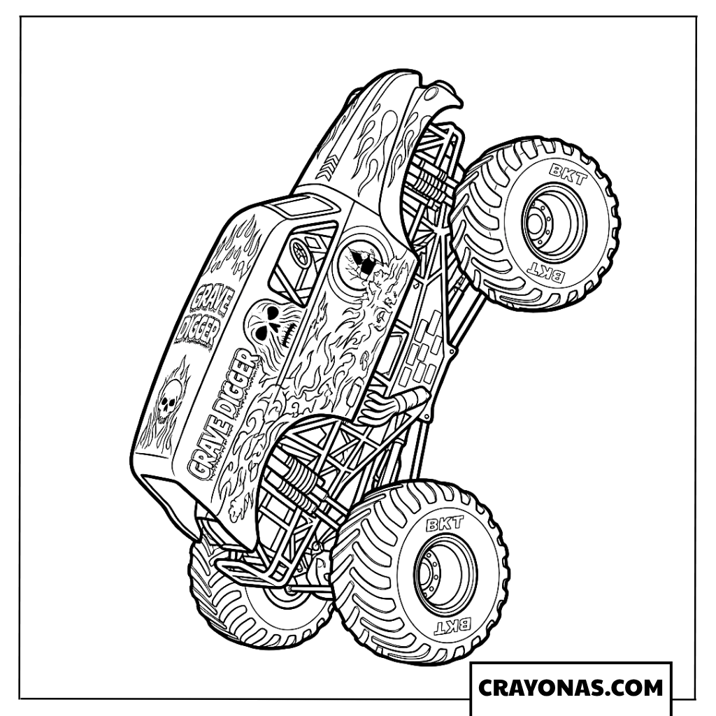 Grave Digger Monster Jam Truck Performing Wheelie Coloring Page