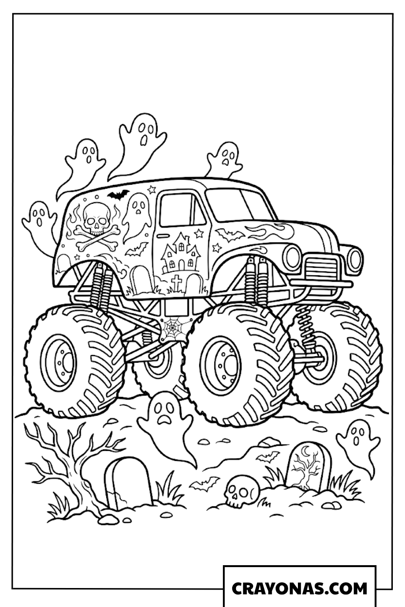 Halloween Ghost Theme Monster Truck Coloring Page