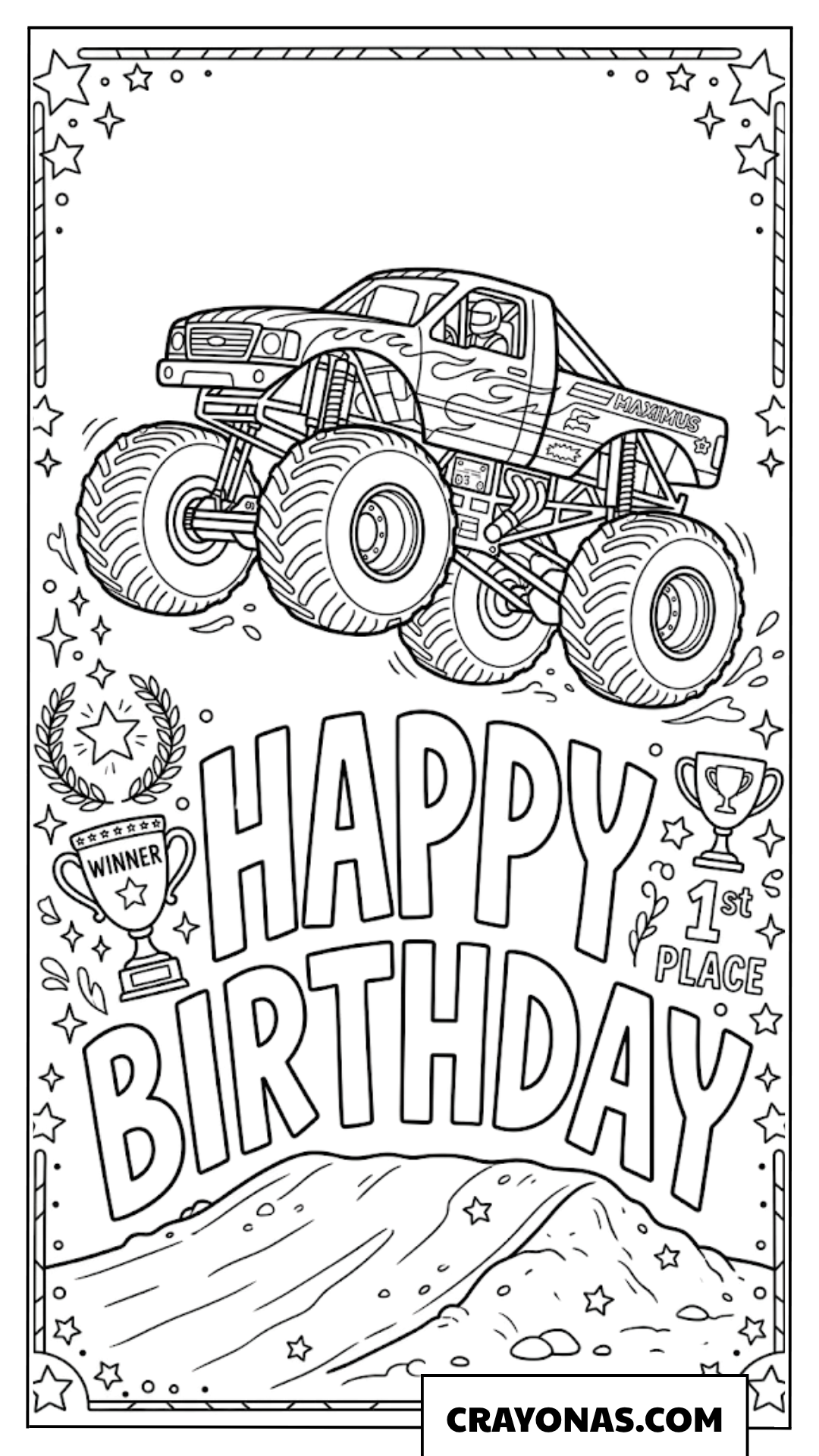 Happy Birthday First Place Winner Monster Truck Coloring Page
