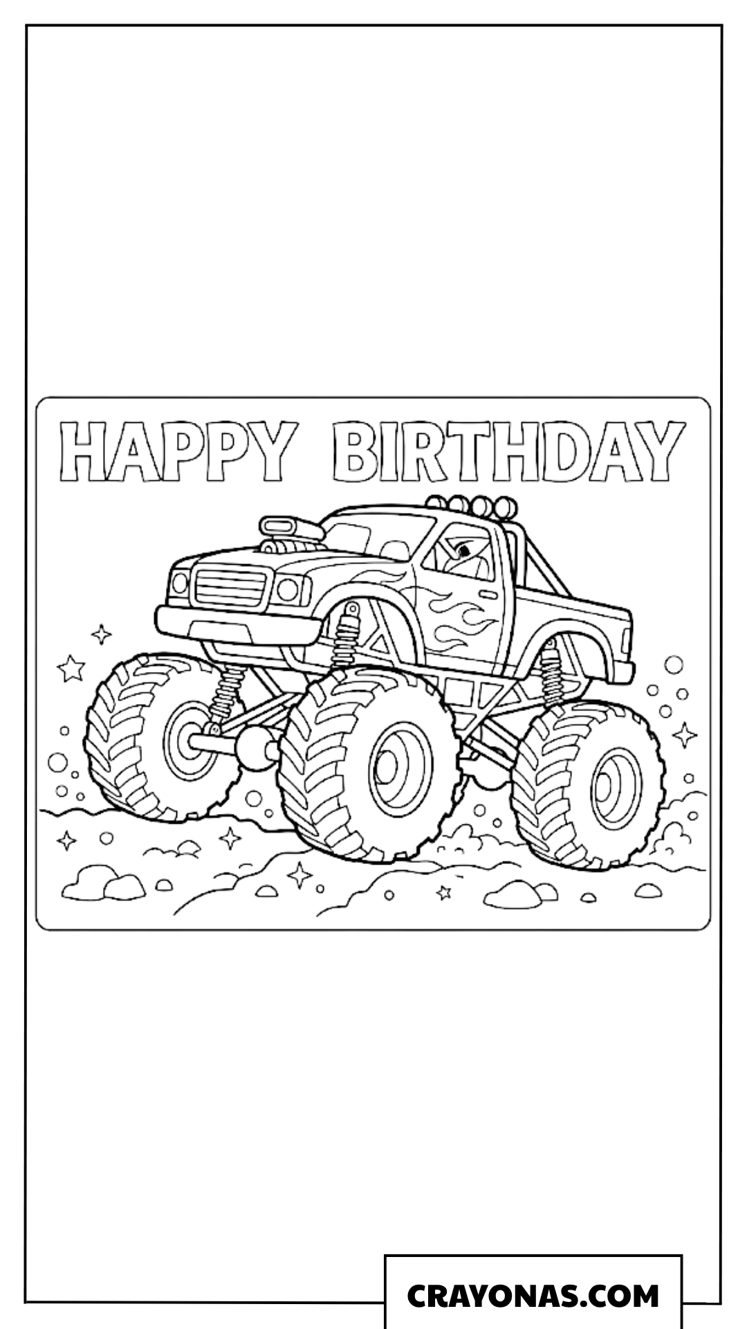 Happy Birthday Flame Pattern Monster Truck Coloring Page