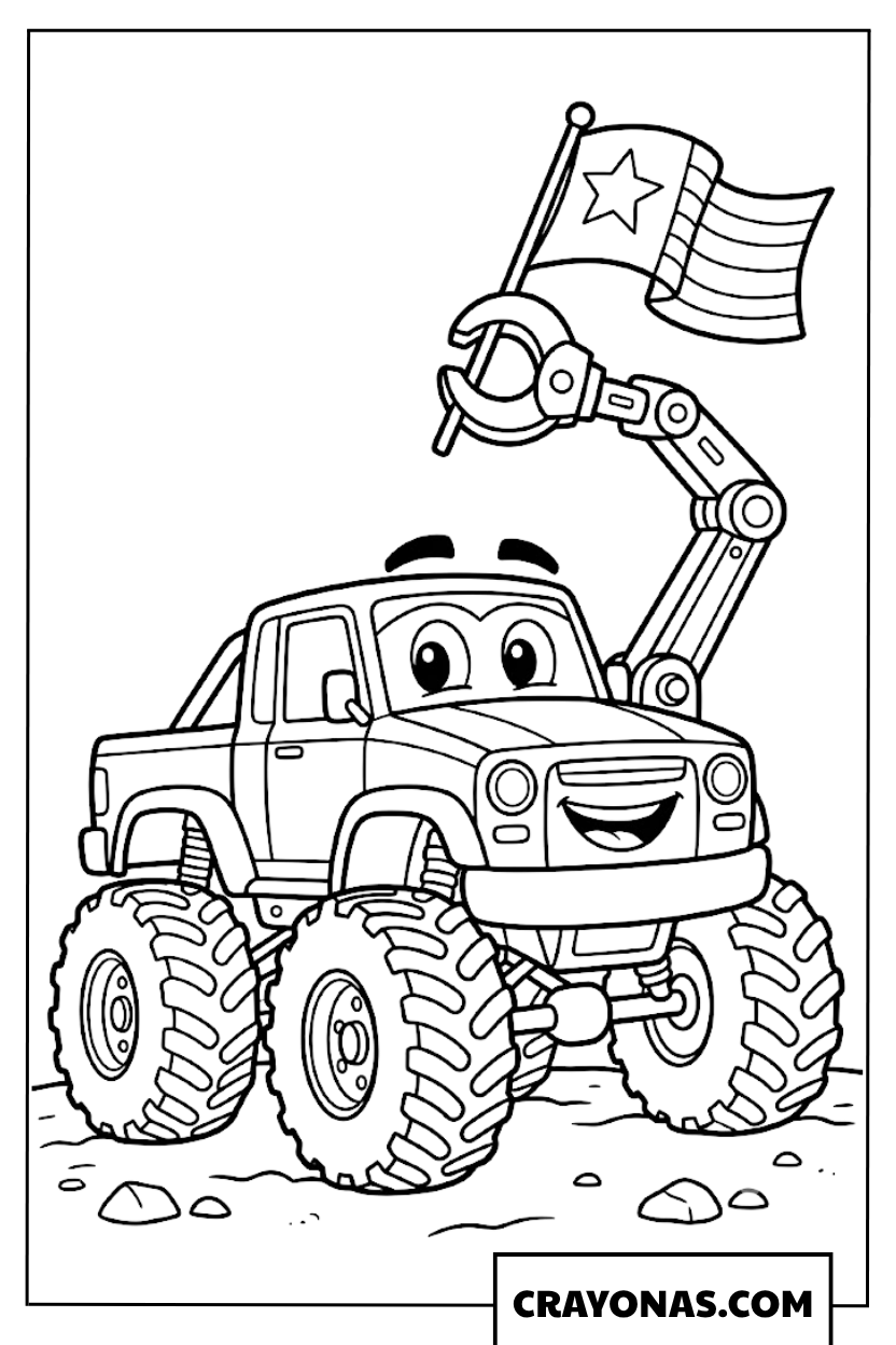 Happy Cartoon Monster Truck Holding Star Flag Coloring Page