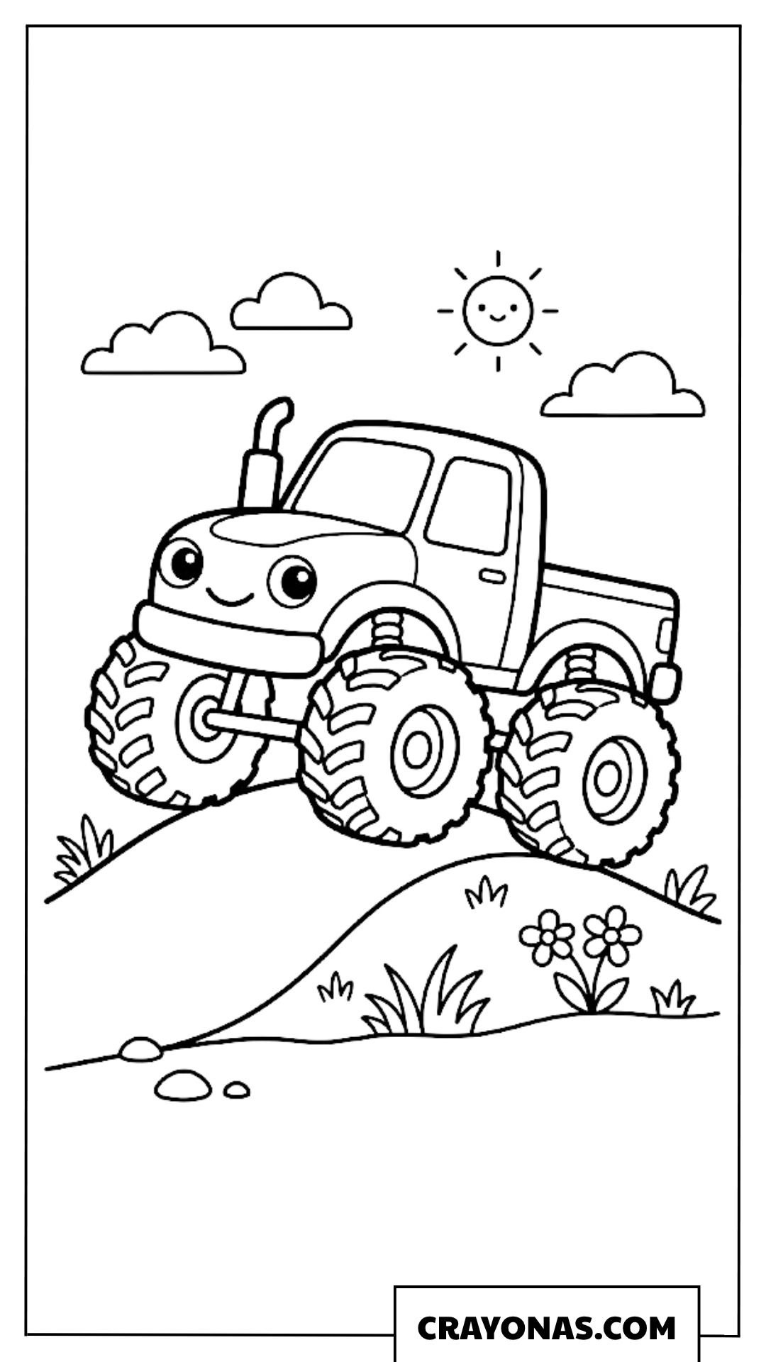 Happy Little Monster Truck On Grassy Hill Coloring Page