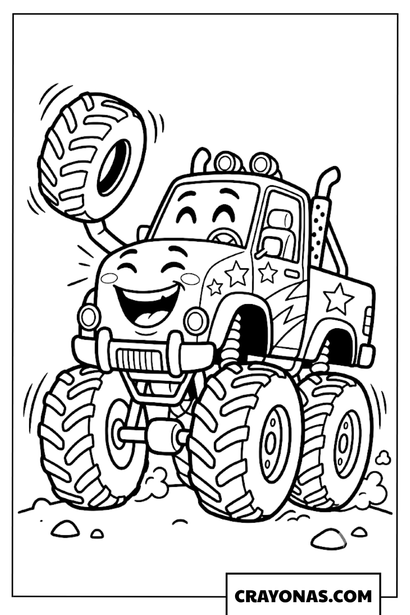 Happy Star Decorated Monster Truck Stunt Coloring Page