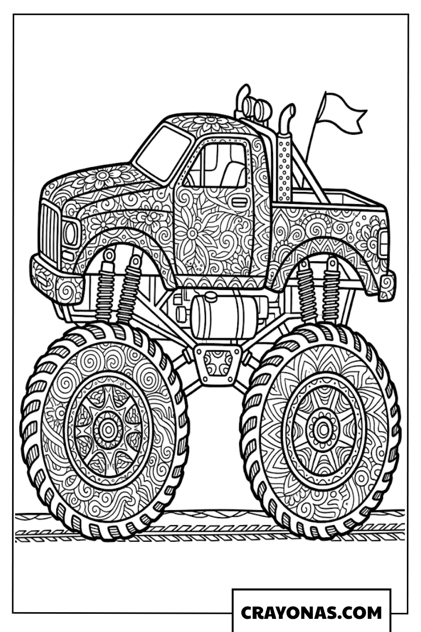 Intricate Zentangle Mandala Pattern Monster Truck Coloring Page