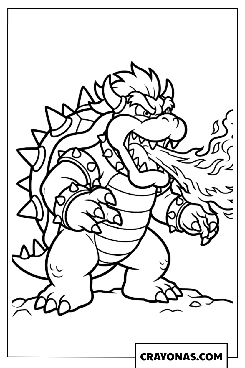 King Bowser Breathing Fire Attack Coloring Page