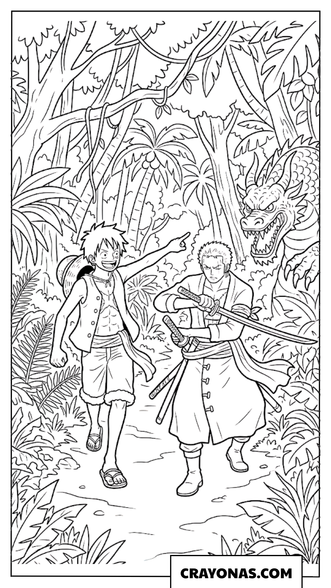 Luffy and Zoro Encountering Giant Dragon in Jungle Coloring Page