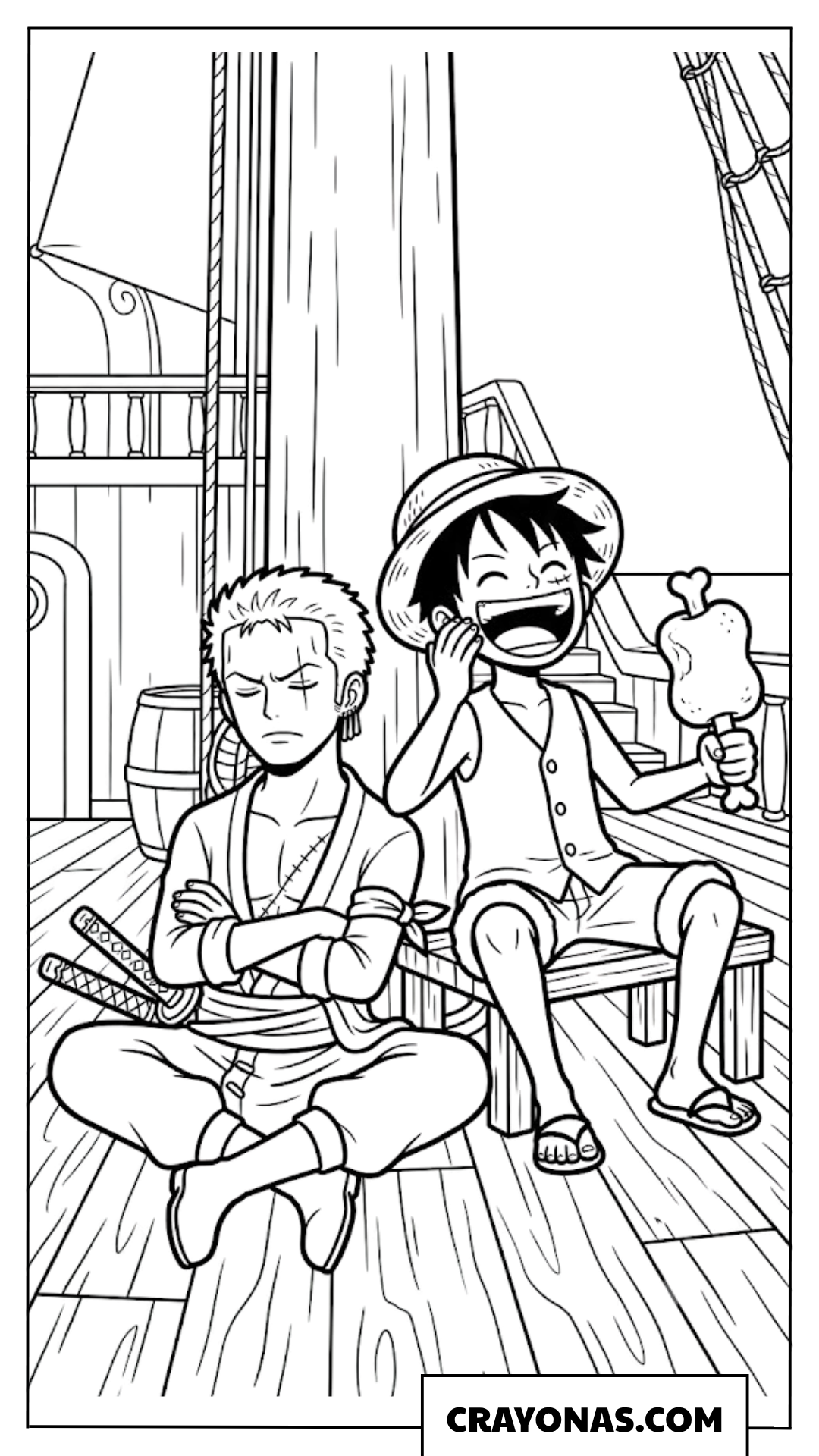 Luffy and Zoro Relaxing on Thousand Sunny Deck Coloring Page