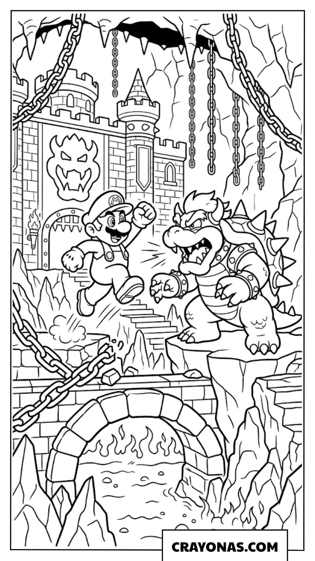 Mario Confronting Bowser At Lava Castle Bridge Coloring Page