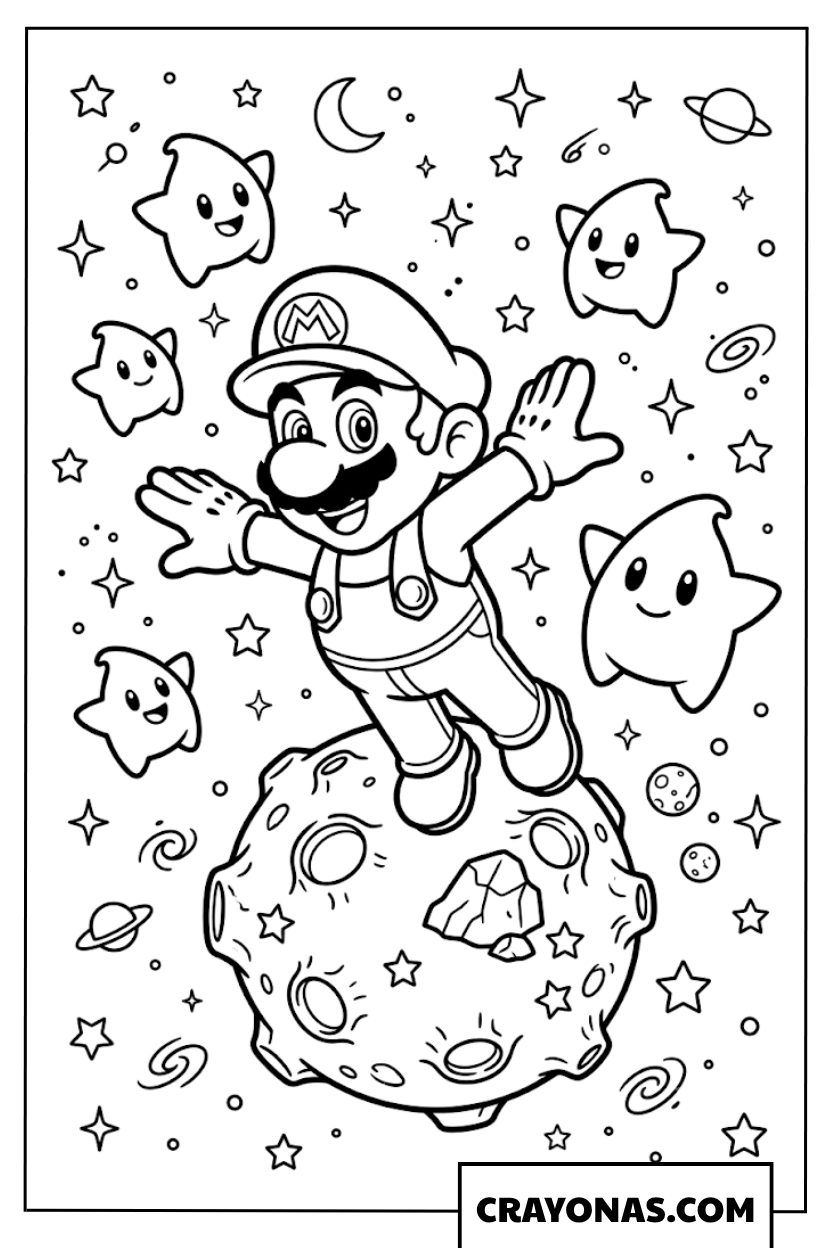Mario Floating In Space On Asteroid Coloring Page