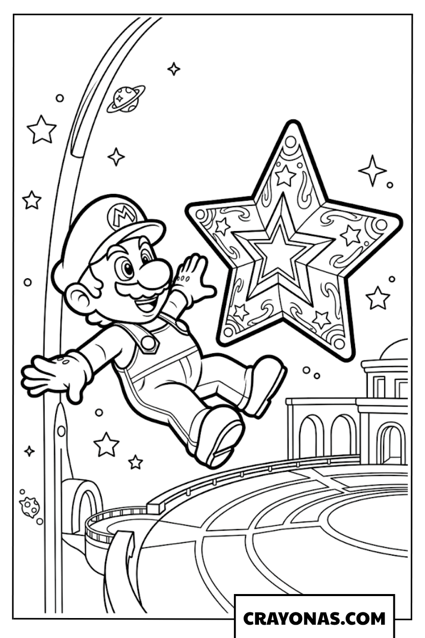Mario Flying Towards Grand Launch Star Coloring Page