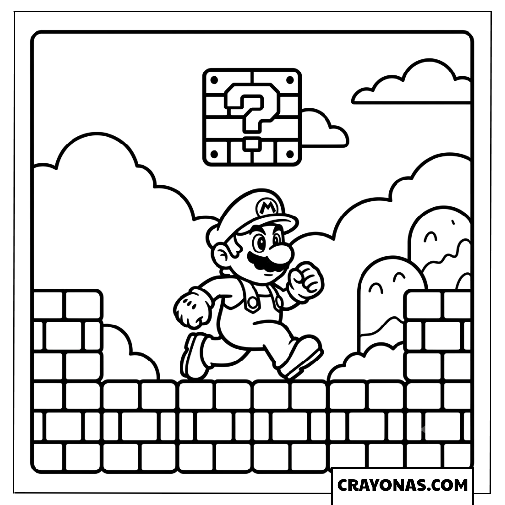 Mario Running Through Mushroom Kingdom Level Coloring Page