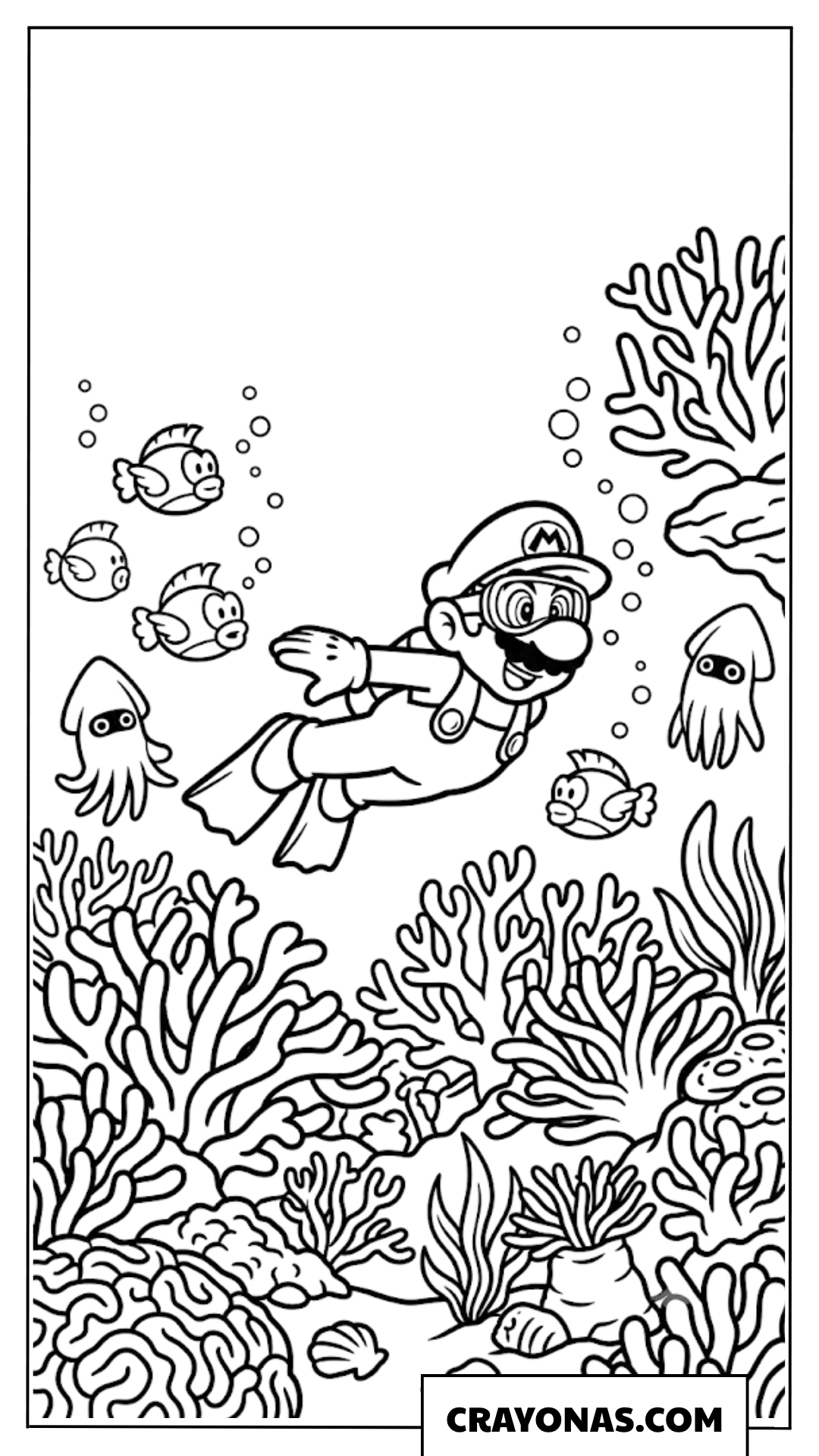 Mario Swimming Underwater Coral Reef Scene Coloring Page
