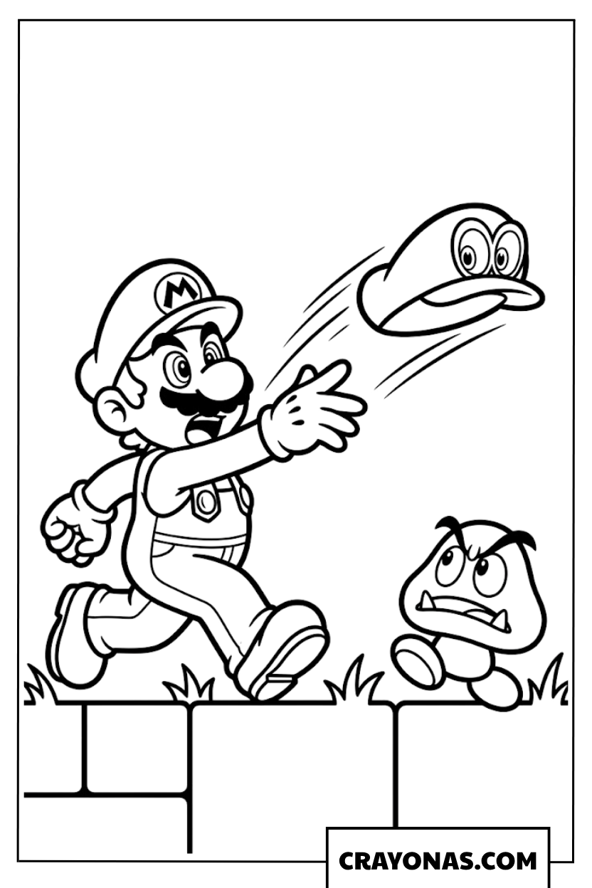 Mario Throwing Cappy Hat At Goomba Coloring Page